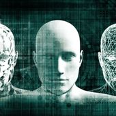 Three artificial faces next to each other with green computer background.
